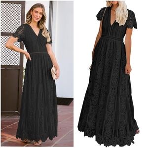 NWT Merokeety Black Lace Crochet V Boho Short Sleeve Flowy Cut Out Maxi Dress L